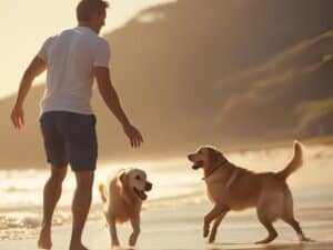 A great pet sitter keeping the owners pets routine of a beach walk in the morning.
